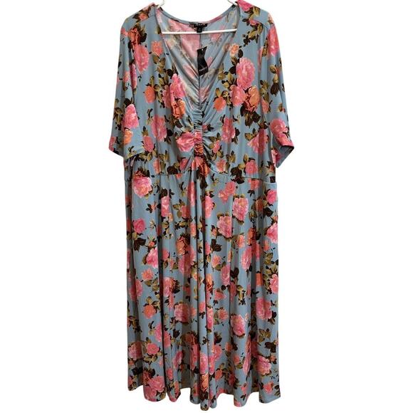 NWT Torrid Women 4 Midi Studio Knit Ruched Front Blue Pink Dress Spring Plus - Picture 1 of 9